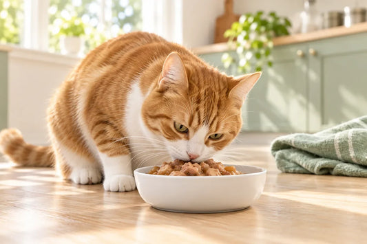 Ginger and white cat eating wet food from a white bowl in a sunny kitchen