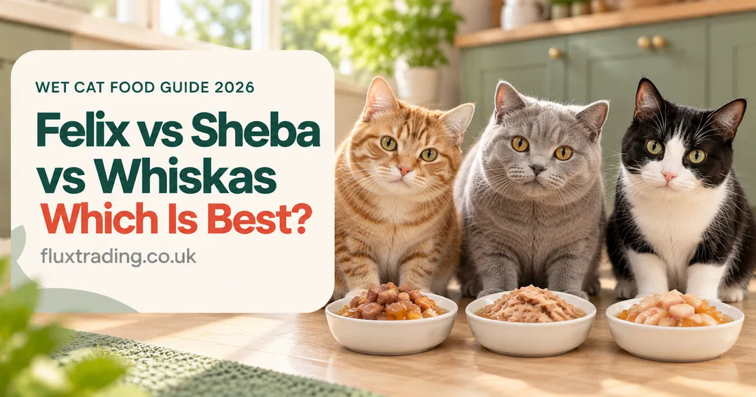 Three cats looking at bowls of wet cat food beside the title Felix vs Sheba vs Whiskas: Which Is Best?