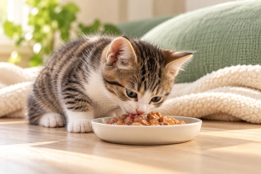 Kitten eating wet food from a shallow white bowl