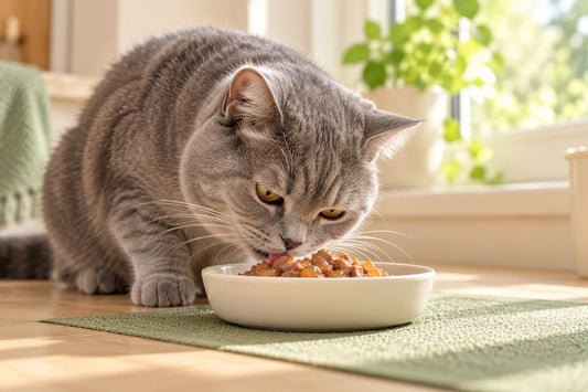 Grey cat eating wet food from a white bowl by a sunny window