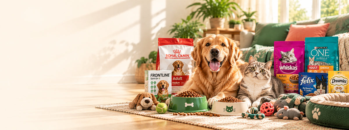 Happy golden retriever and cat surrounded by premium pet food, treats and toys in a sunny home