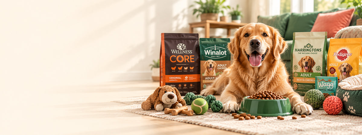 Happy golden retriever lying among premium dog food bags, treats and toys