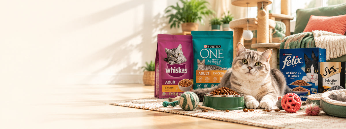 Relaxed tabby cat surrounded by premium cat food, treats and toys