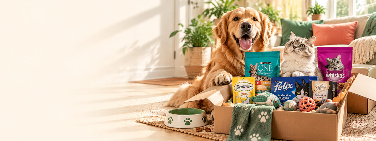 Golden retriever and cat beside an open delivery box full of pet food and treats