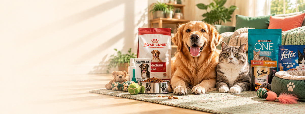 Golden retriever and cat together with premium pet food and a cosy pet bed
