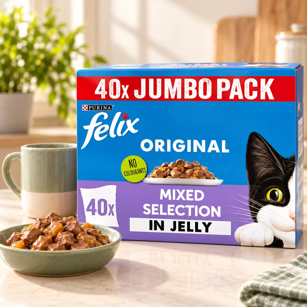 Felix Original Mixed Selection wet cat food pouches on a kitchen counter