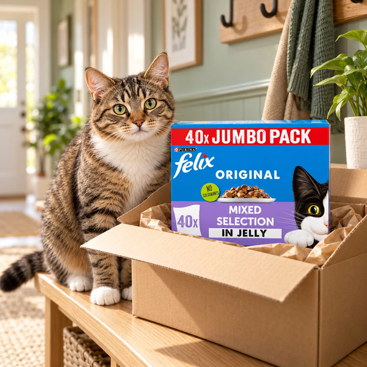 Tabby cat beside a Felix Original Mixed Selection jumbo pack