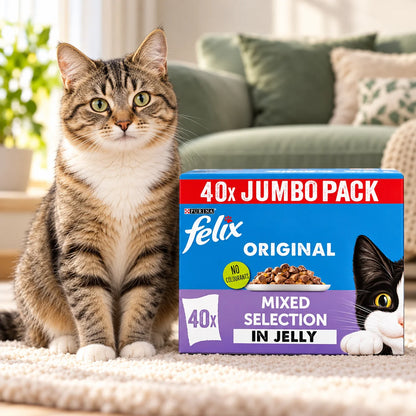 Tabby cat with a Felix Original Mixed Selection food box