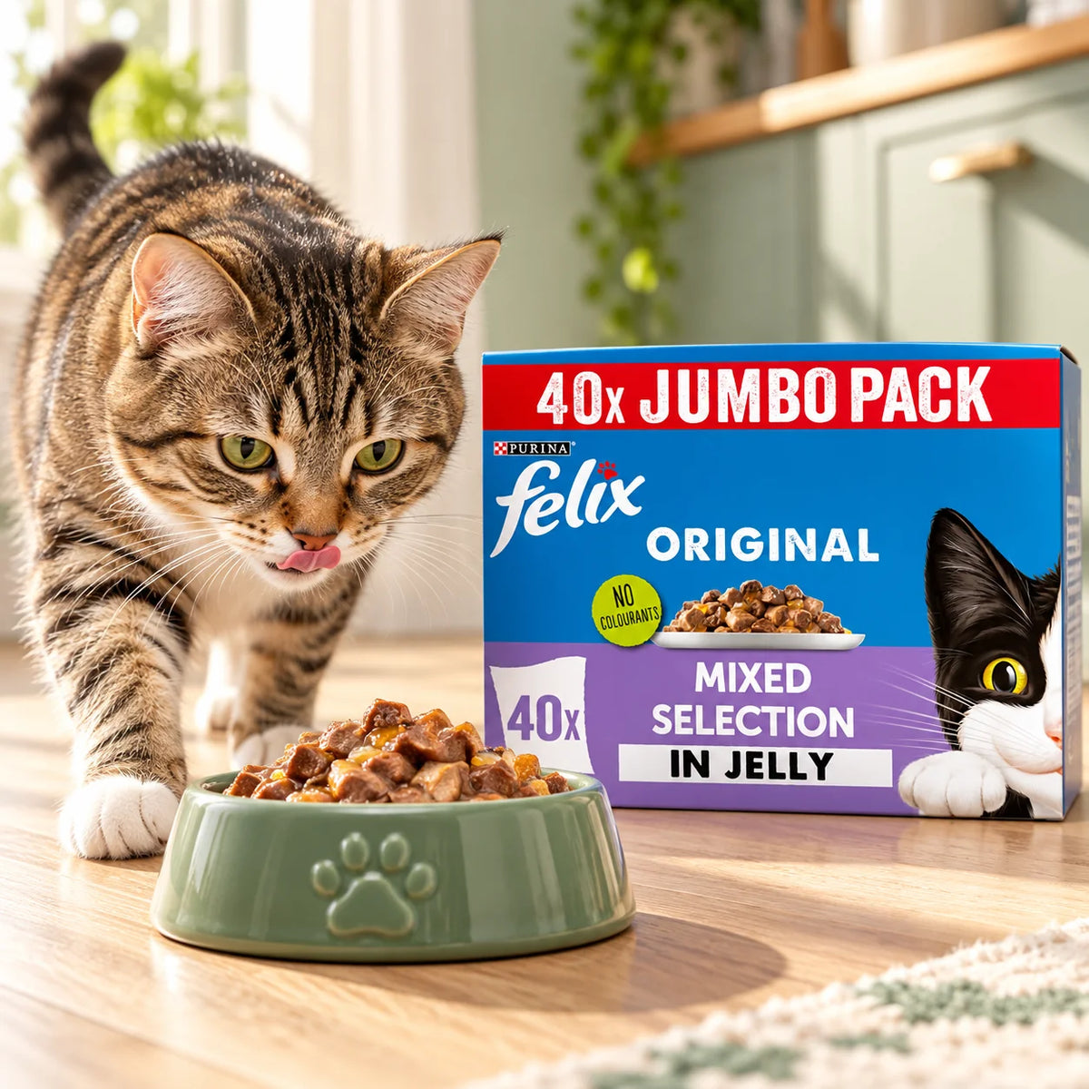 Curious tabby cat with a delivered Felix Original Mixed Selection box