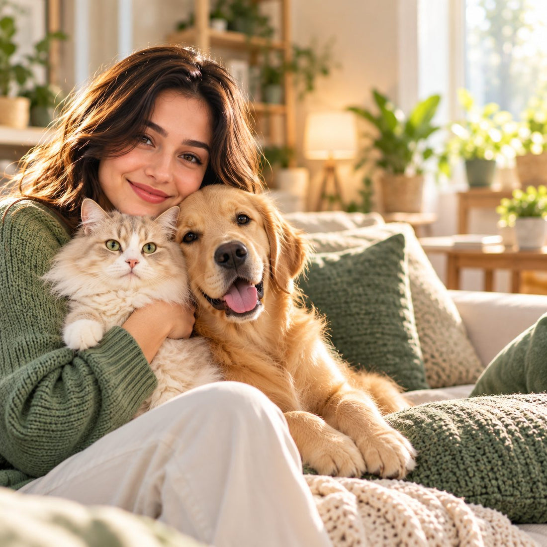 Smiling woman hugging a fluffy cat and a golden retriever on a cosy sofa