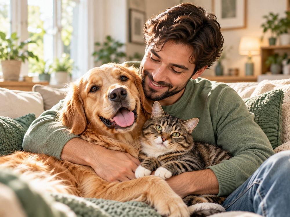 Smiling man hugging a golden retriever and a tabby cat on a cosy sofa