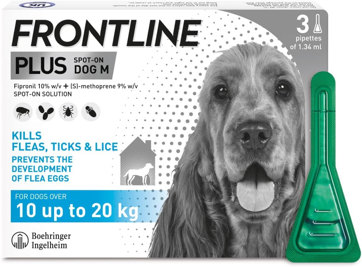 Frontline Plus spot-on flea and tick treatment for medium dogs 10 to 20 kg, pack of 3 pipettes