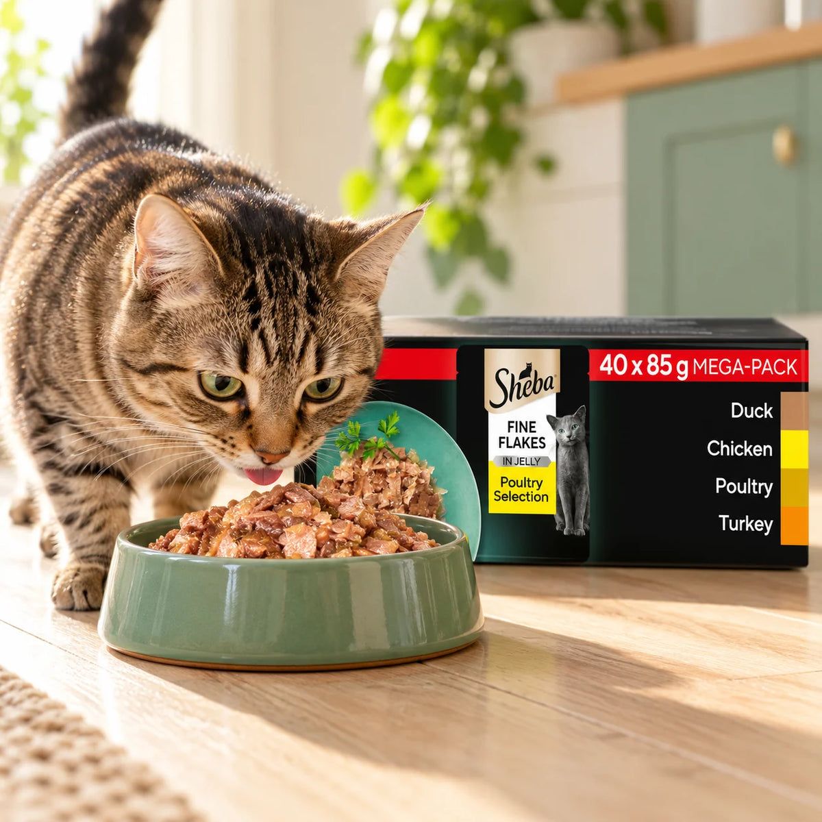 Tabby cat enjoying Sheba Fine Flakes in Jelly
