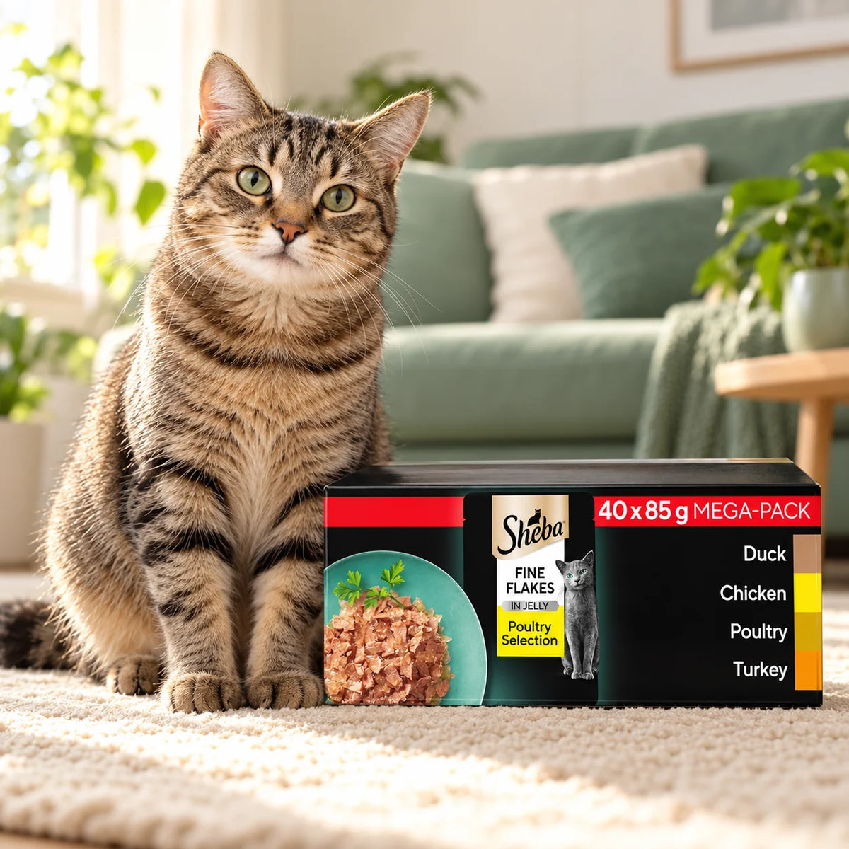 Tabby cat with a Sheba Fine Flakes feast