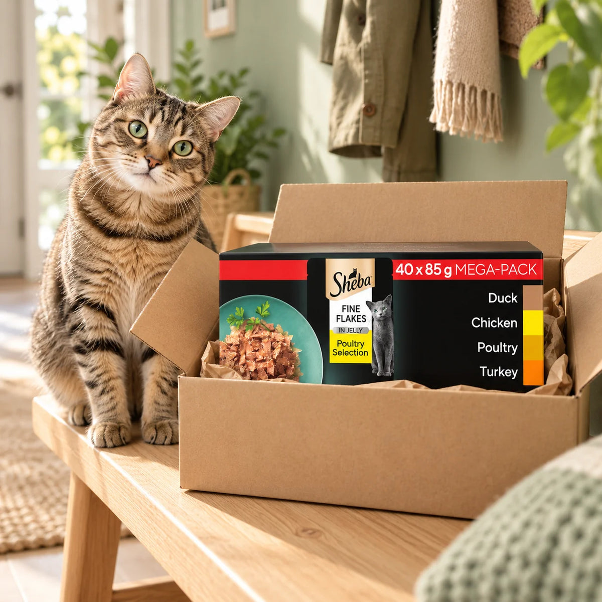 Curious tabby cat with a delivered Sheba Fine Flakes box