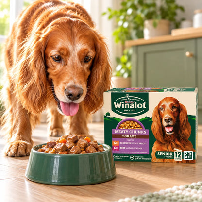 Golden dog enjoying Winalot Meaty Chunks Senior dinner